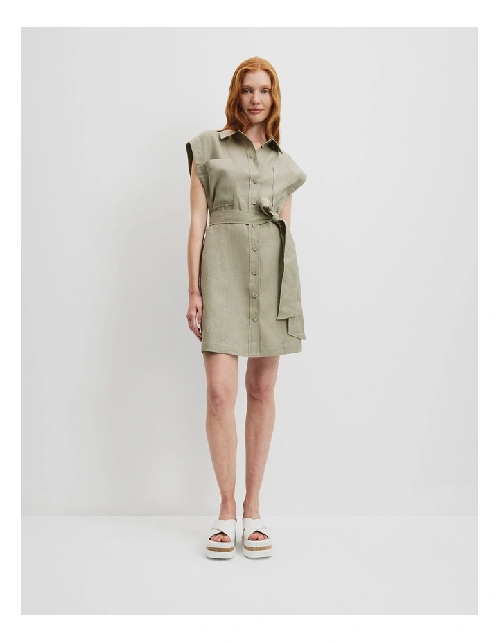 Organically Grown Linen Pocket Detail Dress in Army image 3
