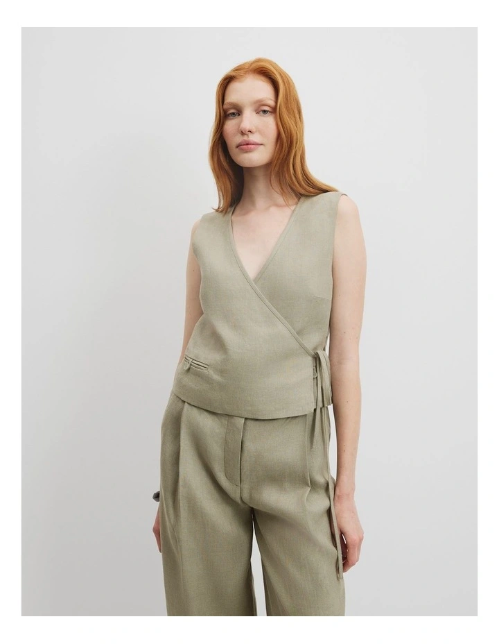 Organically Grown Linen Wrap Vest Top in Army image 1