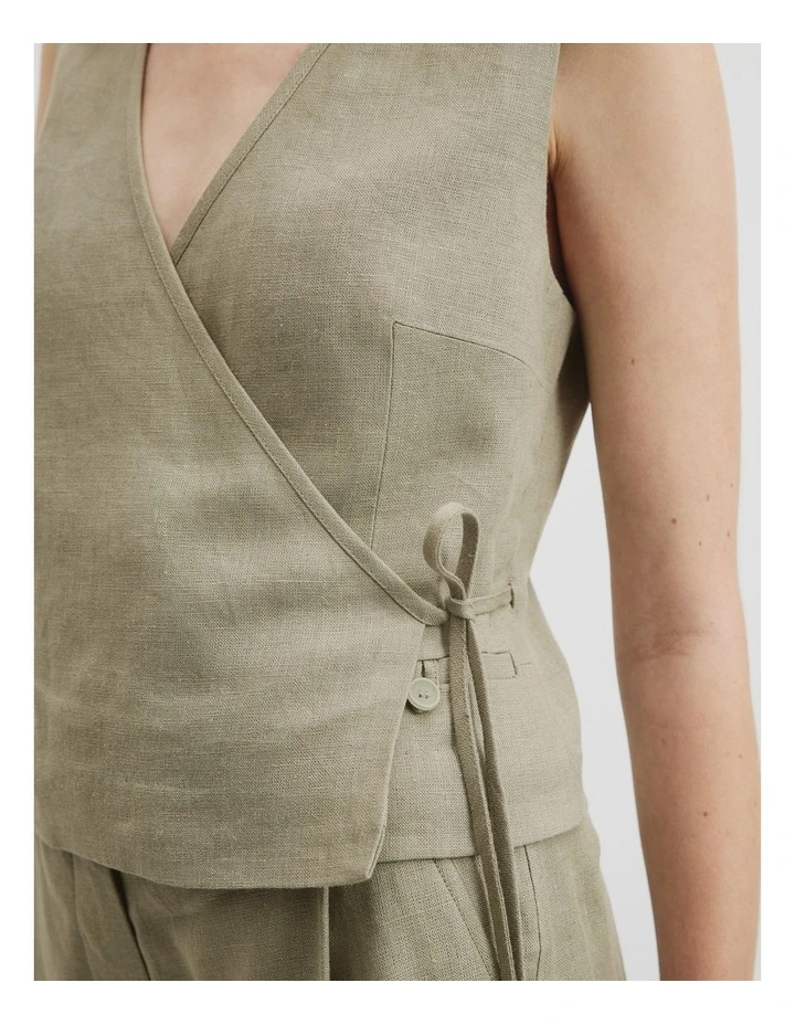 Organically Grown Linen Wrap Vest Top in Army image 2
