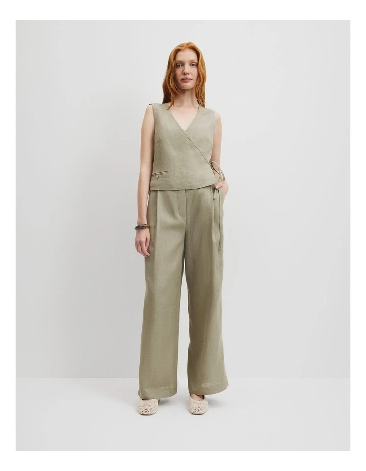 Organically Grown Linen Wrap Vest Top in Army image 3