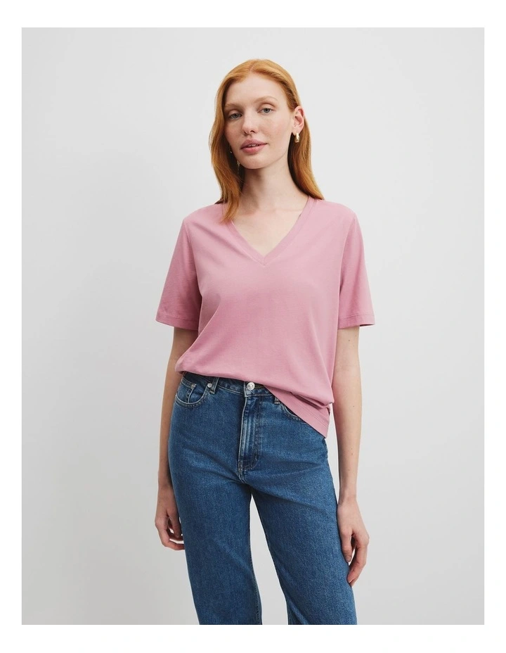 Australian Cotton Short Sleeve V-Neck Relaxed T-Shirt in Musk image 1