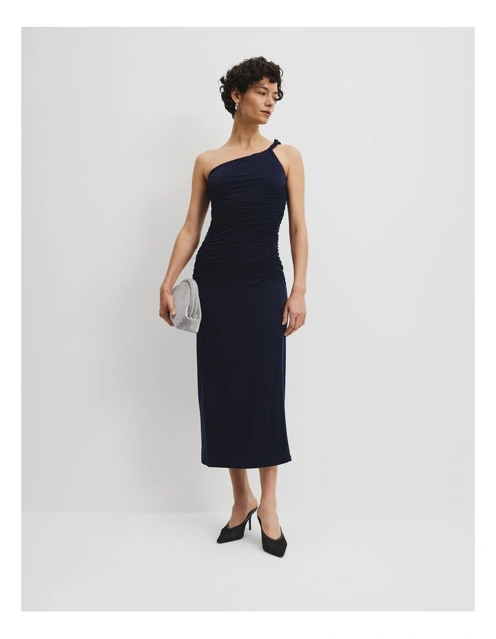 Cupro One Shoulder Dress in Navy image 2