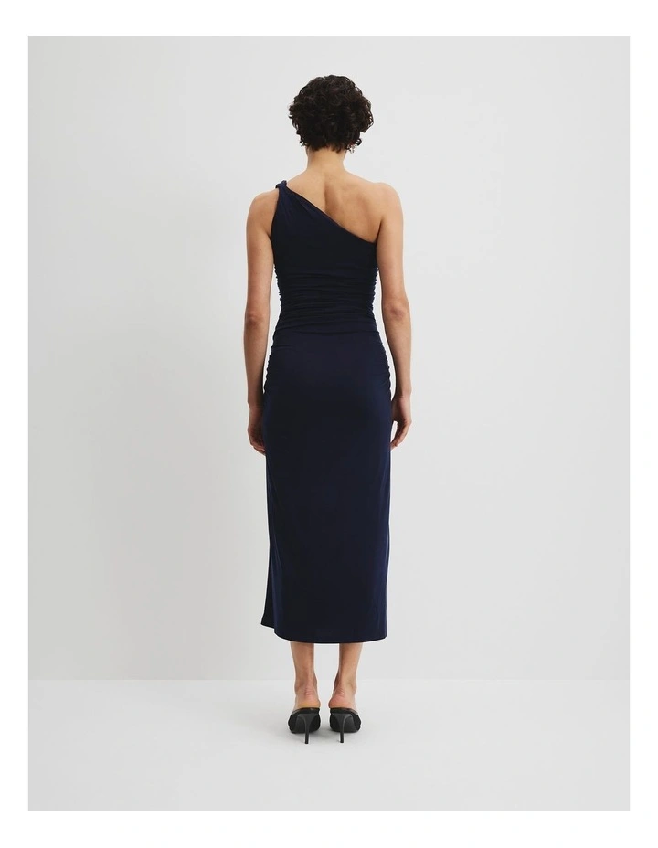 Cupro One Shoulder Dress in Navy image 4