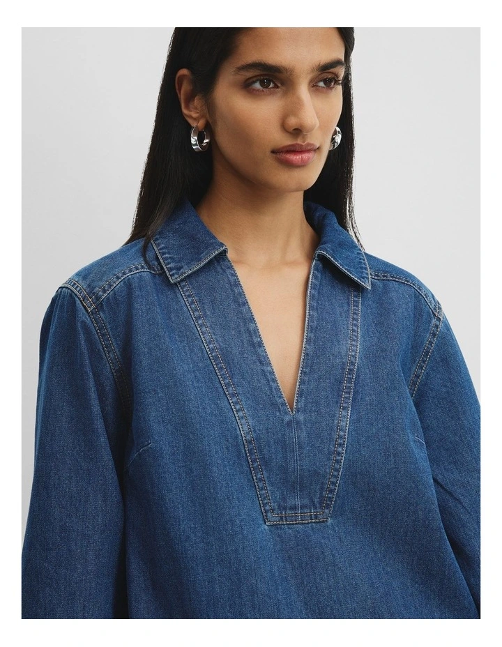 Chambray Popover Dress in Washed Indigo image 2