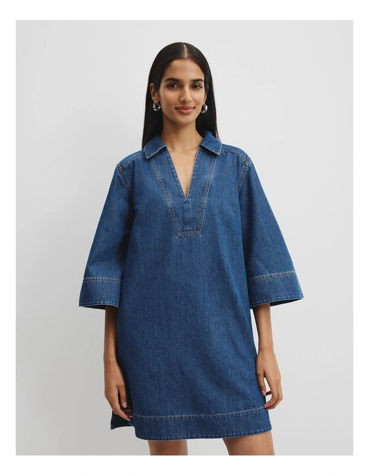 Chambray Popover Dress in Washed Indigo image 3