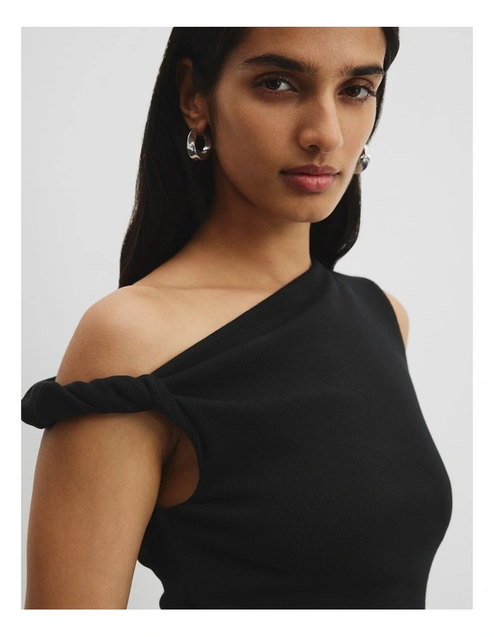 Cotton Blend Twist Detail Rib Dress in Black image 2