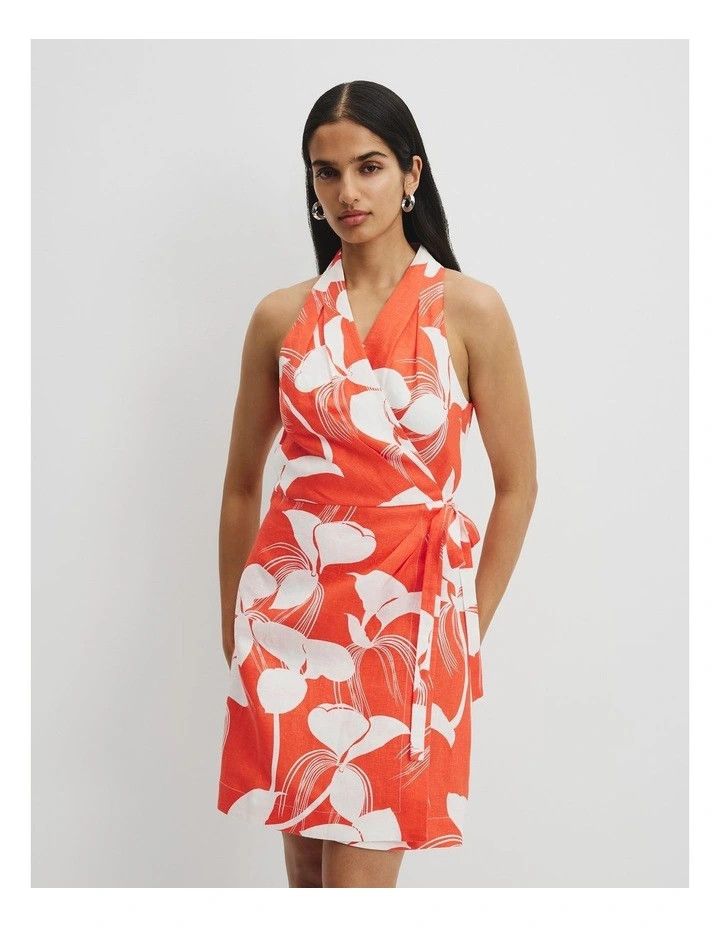 Organically Grown Linen Print Halter Mini Dress in Botanical Orange image 1