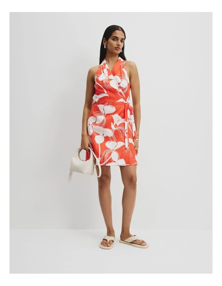 Organically Grown Linen Print Halter Mini Dress in Botanical Orange image 3