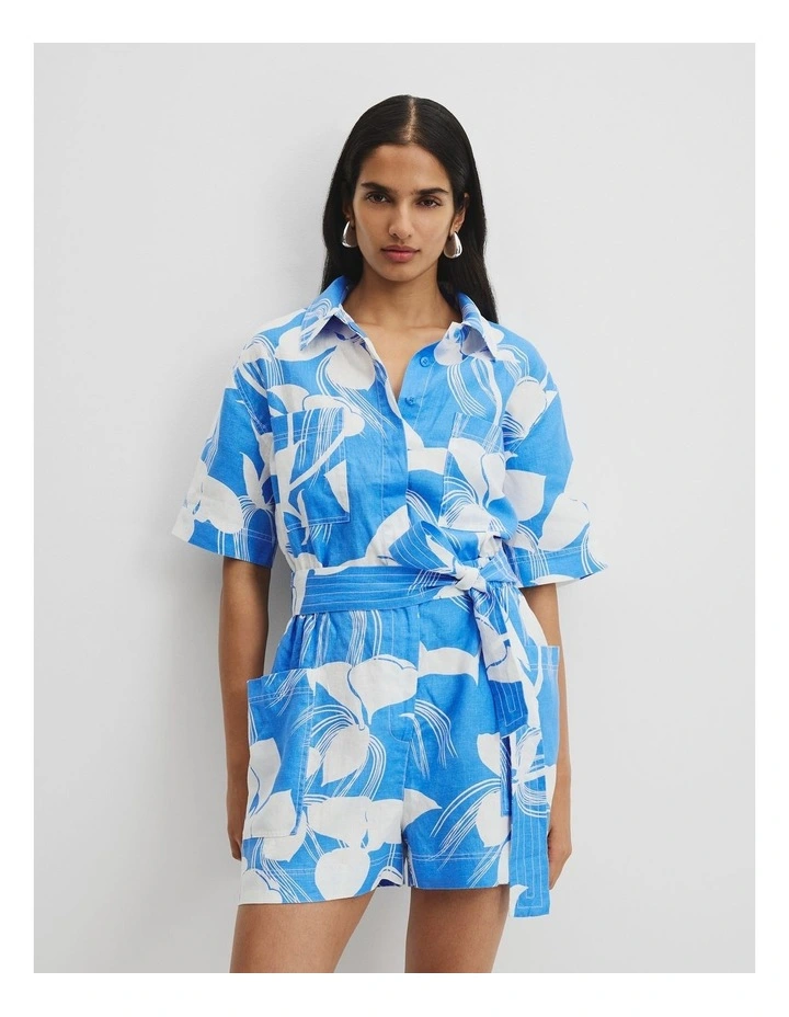 Organically Grown Linen Print Playsuit in Botanical Blue image 1