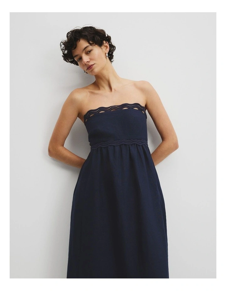 Linen Scallop Trim Midi Dress in Navy image 1