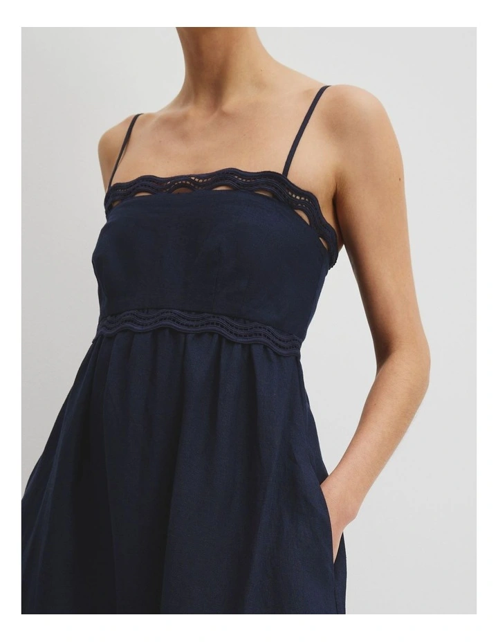 Linen Scallop Trim Midi Dress in Navy image 2