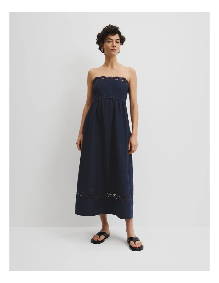 Linen Scallop Trim Midi Dress in Navy image 3