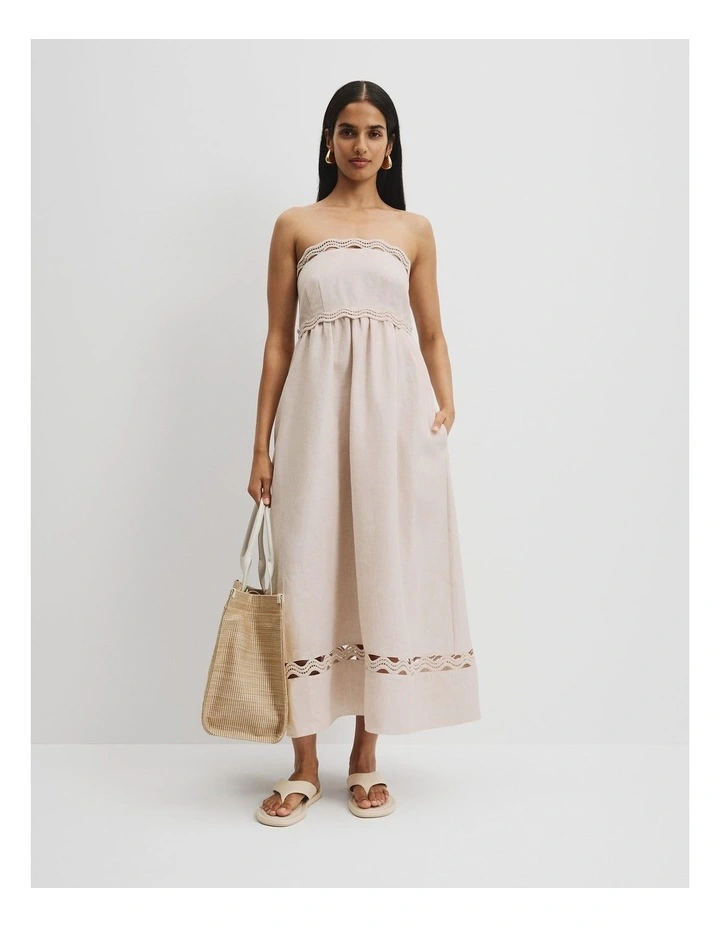 Linen Scallop Trim Midi Dress in Bisque image 2