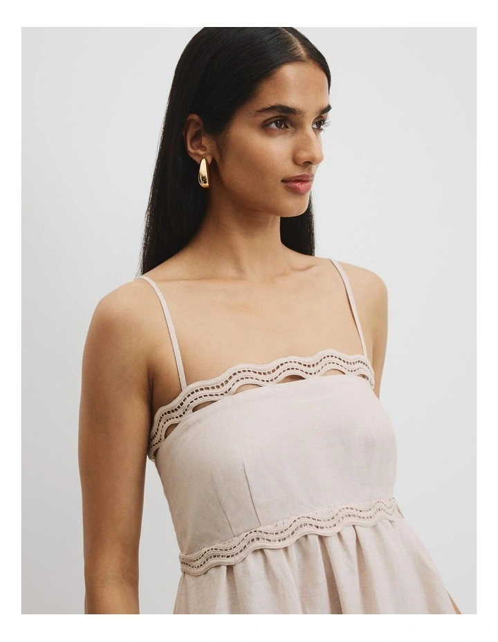 Linen Scallop Trim Midi Dress in Bisque image 3
