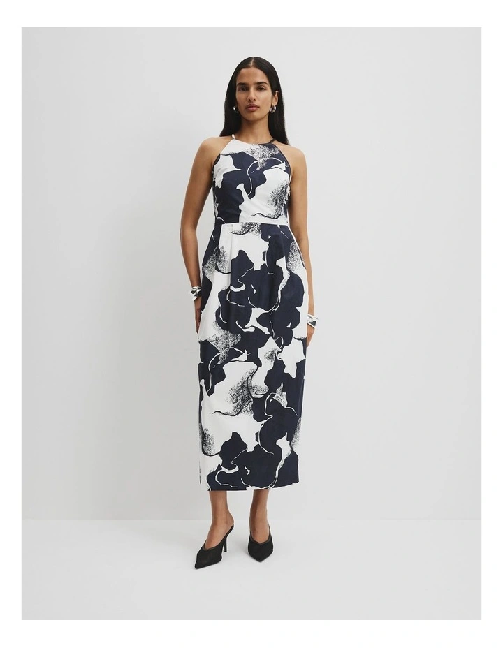 Organically Grown Cotton Print Apron Detail Midi Dress in Navy Textured Geo image 1
