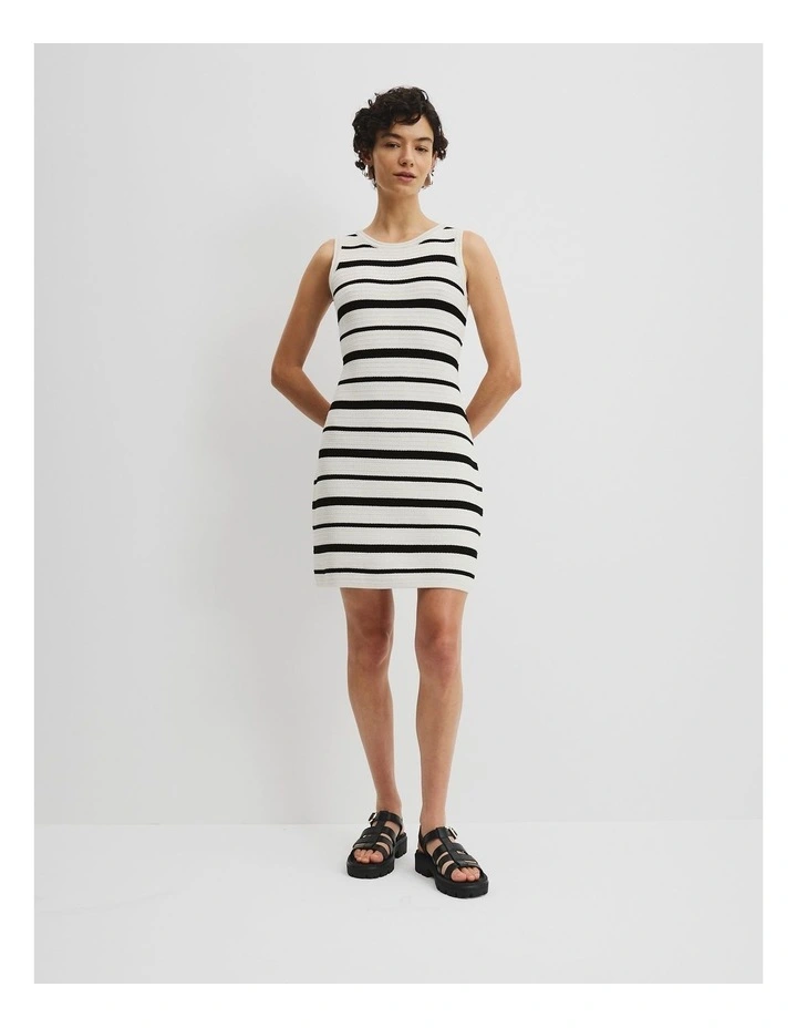 white christmas dresses NAF NAF White Black Stripe Crochet Detail Fit and Flare Dress