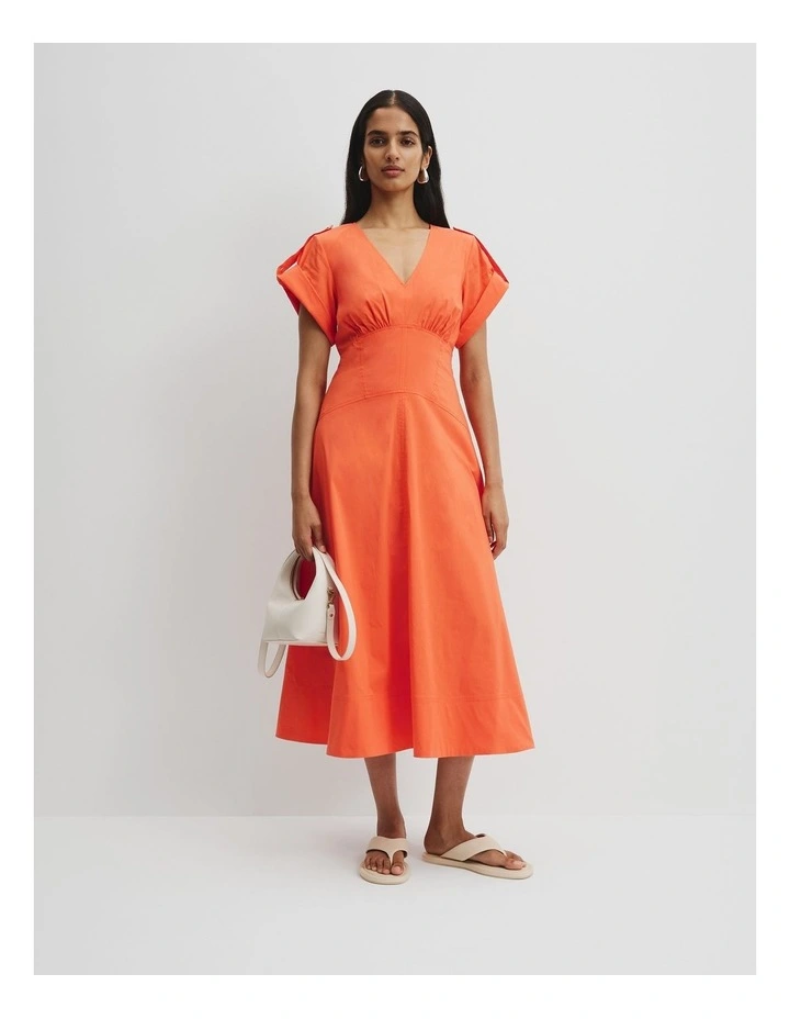 Poplin Basque Midi Dress in Tangerine image 2