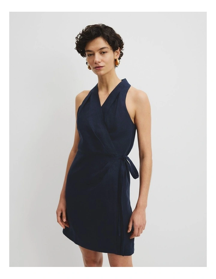 Organically Grown Linen Halter Mini Dress in Navy image 1