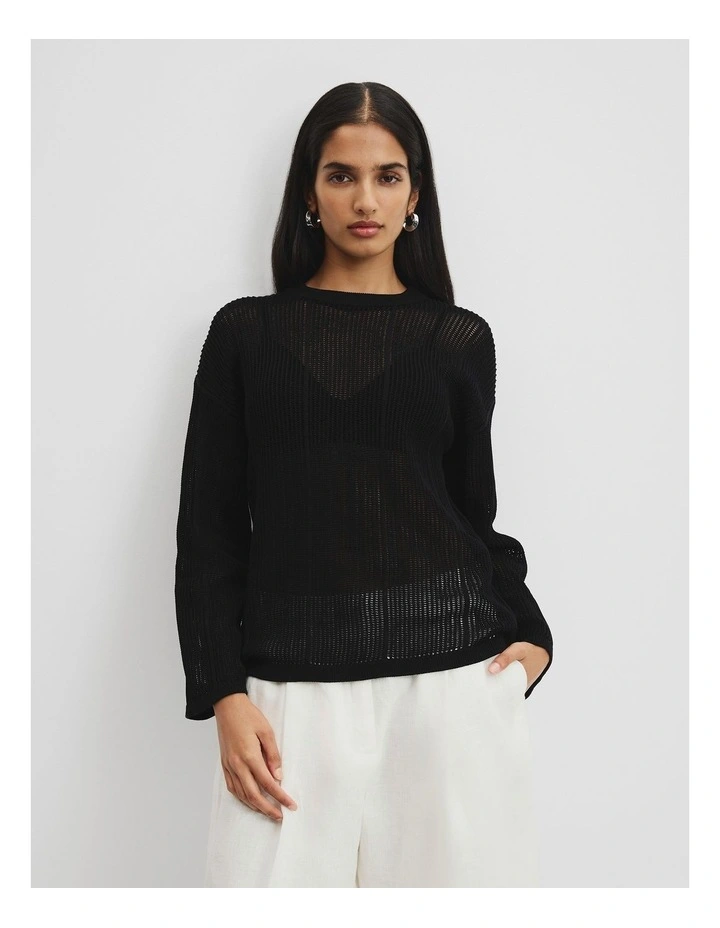 Organically Grown Cotton Long Sleeve Crochet Knit in Black image 1