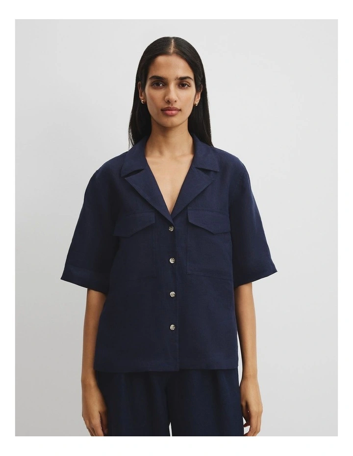 Organically Grown Linen Pocket Detail Shirt in Navy image 1