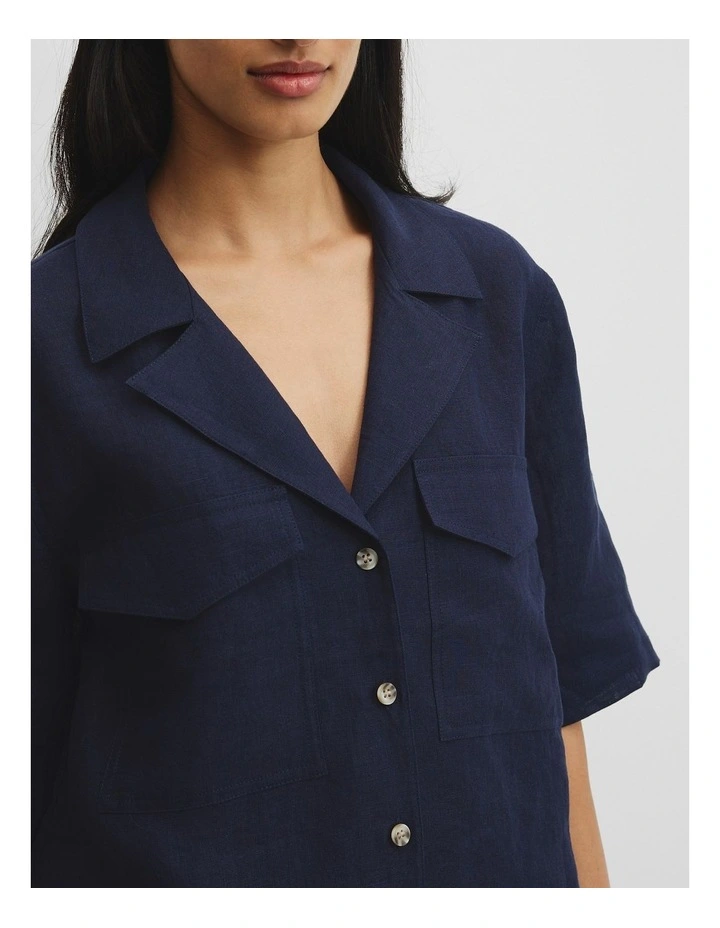 Organically Grown Linen Pocket Detail Shirt in Navy image 2
