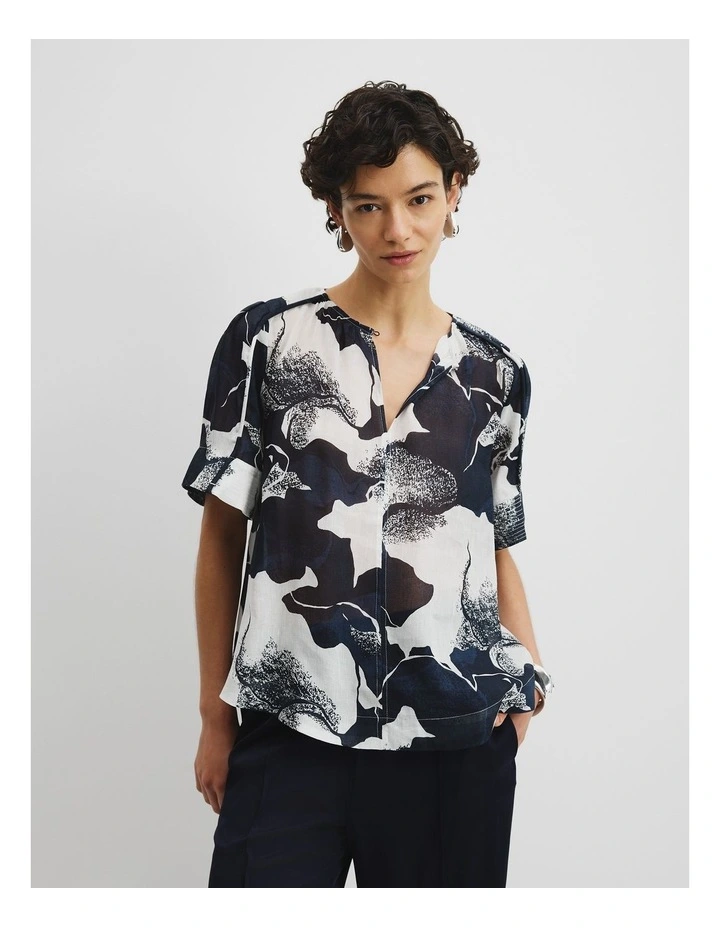 Print Panel Detail Blouse in Navy Textured Geo image 1