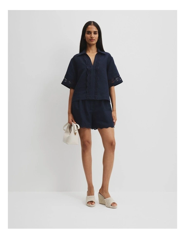 Linen Scallop Trim Popover in Navy image 2