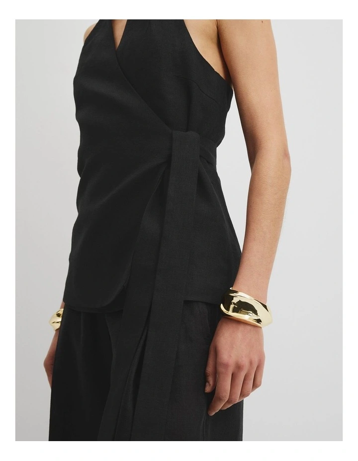 Organically Grown Linen Halter Wrap Top in Black image 3