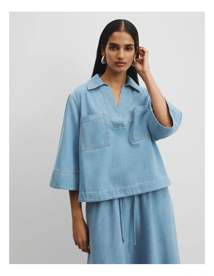 Chambray Short Sleeve Popover in Light Wash image 1