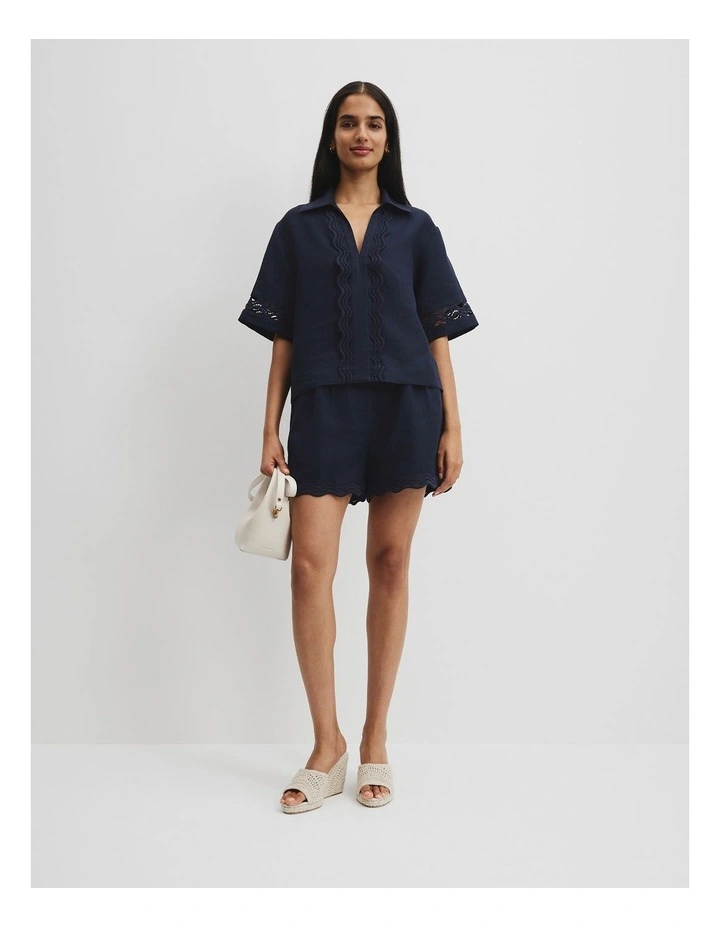 Organically Grown Linen Scallop Trim Short in Navy image 1