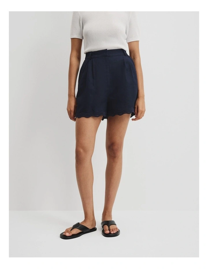 Organically Grown Linen Scallop Trim Short in Navy image 2