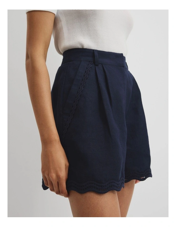 Organically Grown Linen Scallop Trim Short in Navy image 3