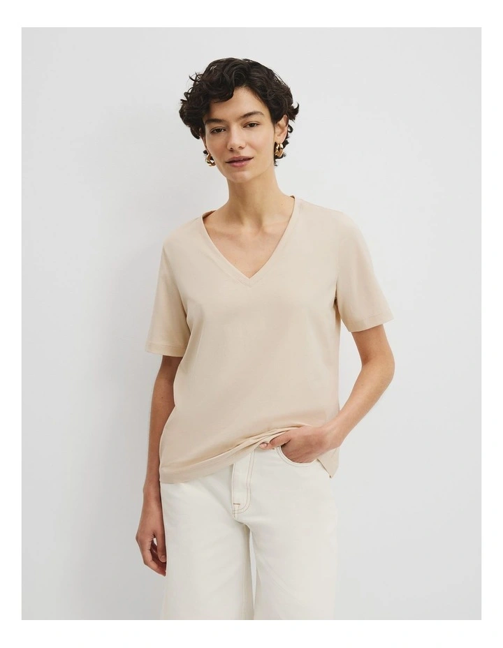 Australian Cotton Short Sleeve V-Neck Relaxed T-Shirt in Sand image 1