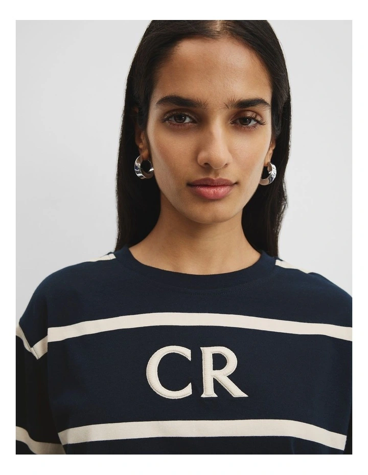 Australian Cotton Stripe Country Road Logo T-shirt in Navy Stripe image 2