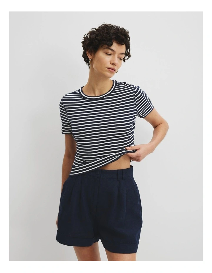 Cotton Blend Crop Rib T-Shirt in Navy Stripe image 1