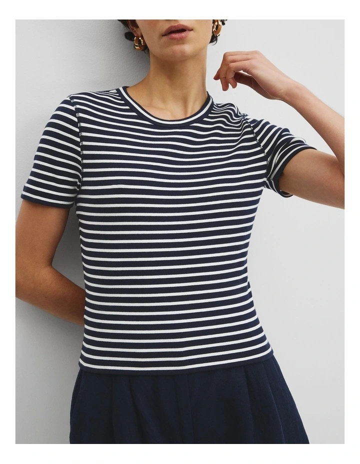 Cotton Blend Crop Rib T-Shirt in Navy Stripe image 2