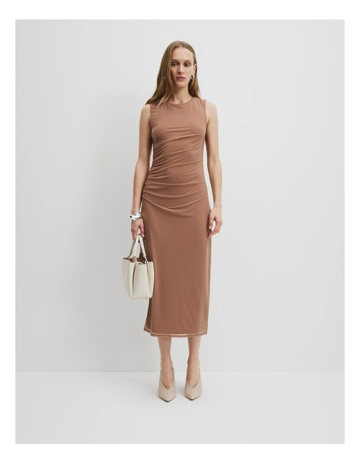 Mesh Gathered Tank Dress in Nutmeg image 1