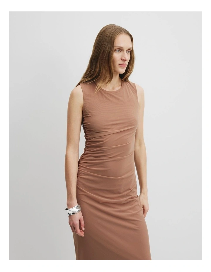 Mesh Gathered Tank Dress in Nutmeg image 3