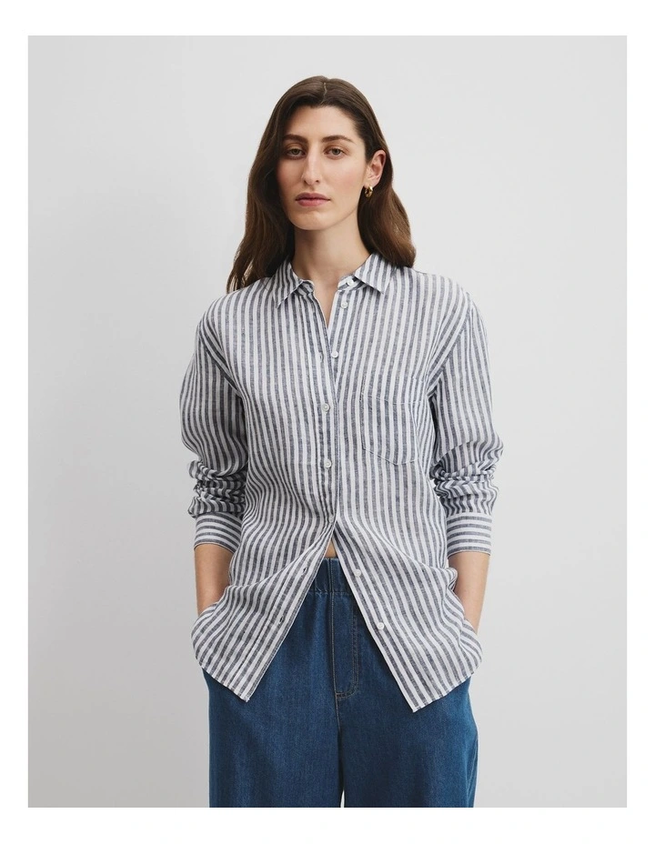 Organically Grown Linen Stripe Shirt in Navy Stripe image 1