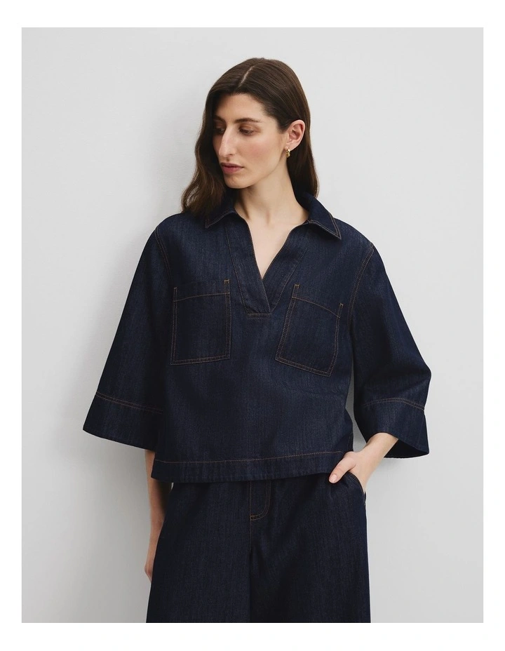 Chambray Short Sleeve Popover in Dark Indigo image 1