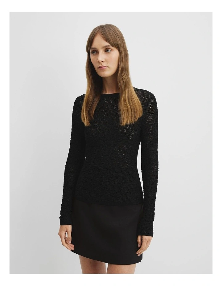 Lace Knit Long Sleeve T-shirt in Black image 3