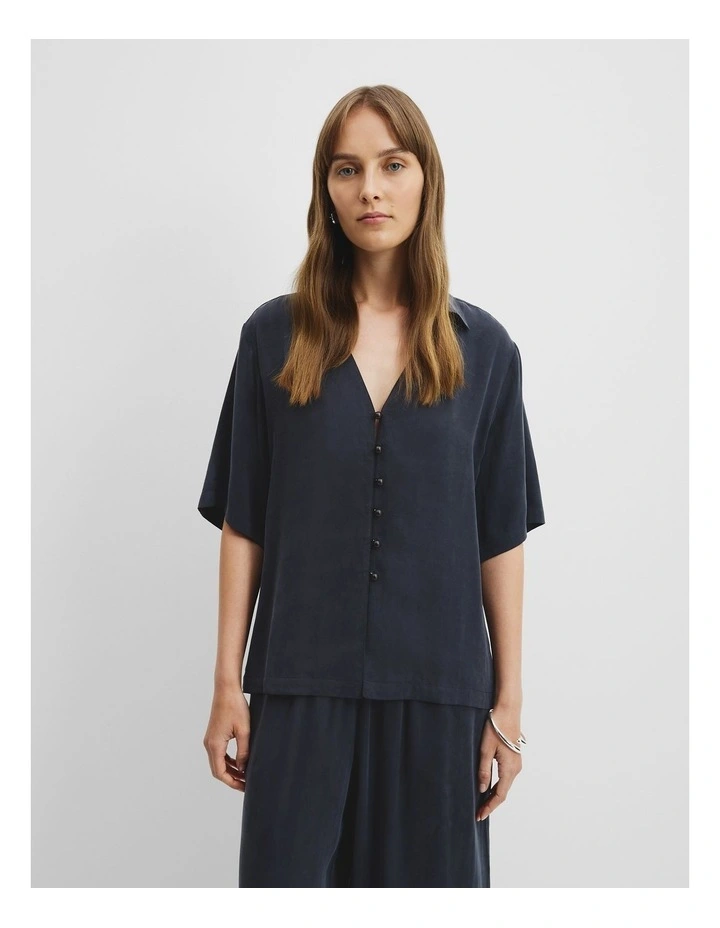 Cupro Button Front Top in Navy image 1