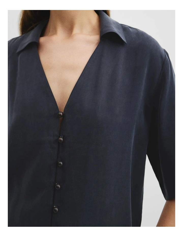 Cupro Button Front Top in Navy image 2