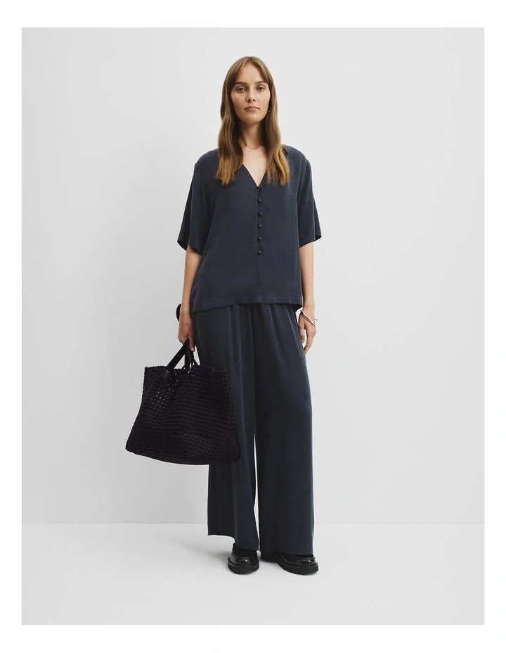 Cupro Button Front Top in Navy image 3