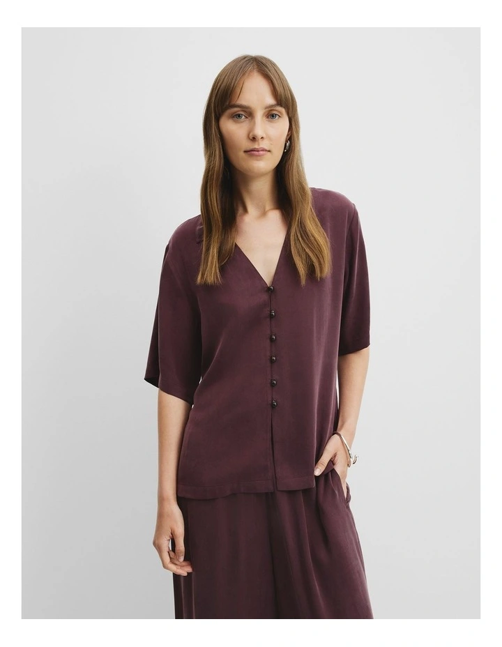 Cupro Button Front Top in Bordeaux image 1
