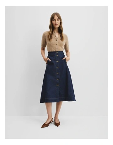 A-line Denim Midi Skirt in Indigo Rinse