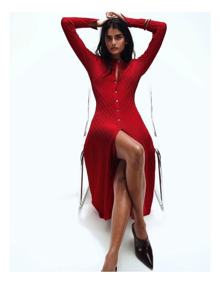 Pattern Knit Midi Dress in Cherry image 2
