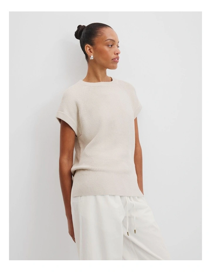 Short Sleeve Longline Knit T-shirt in Chalk Marle image 1