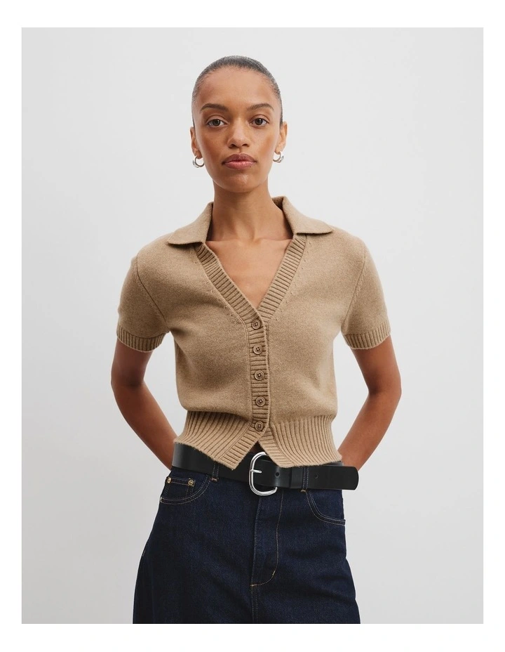 Short Sleeve Polo Knit Jumper in Cobblestone Marle image 1