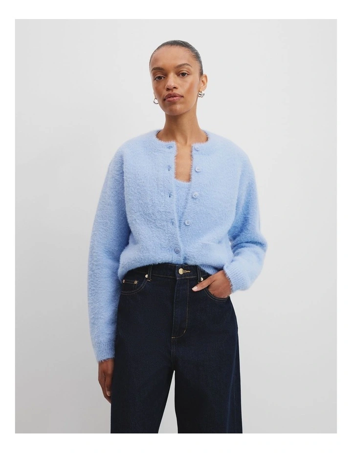Fluffy Knit Cardigan in Lake Blue image 1